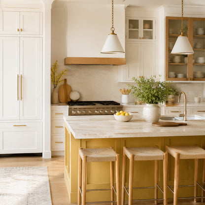 Bright kitchen with creamy white yellow and natural oak colors