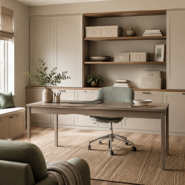 Organized home office with concealed storage and a clutter-free desk