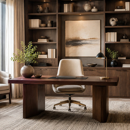 Sophisticated home office with styled shelving for professional video calls