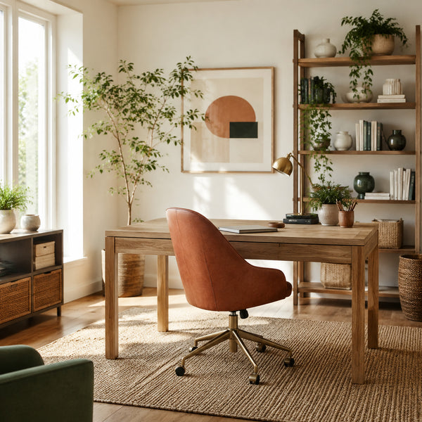 Energizing home office with terracotta, green and natural wood accents
