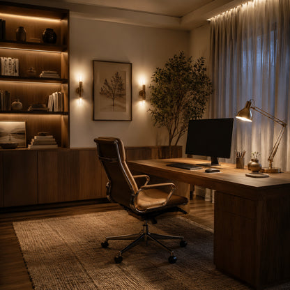 Compact home office alcove with vertical storage and integrated task lighting