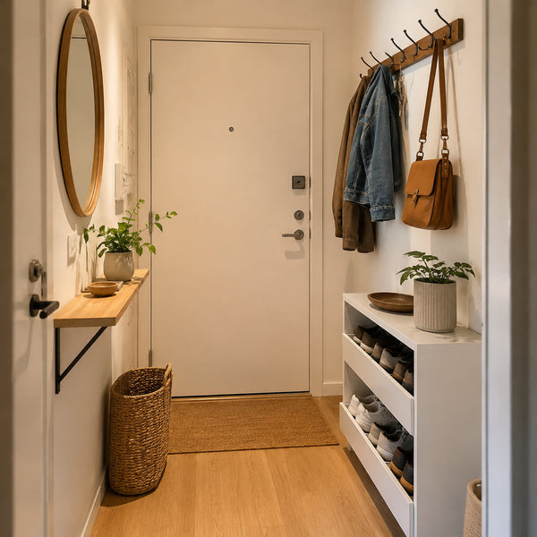 Small foyer with wall hooks, floating shelf, mirror and compact shoe storage