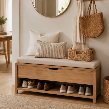 Entryway storage bench with drawers, cushions and organized shoes underneath