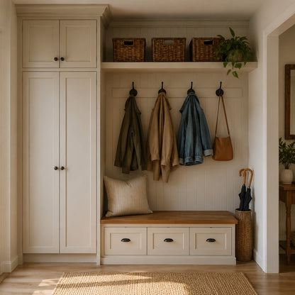 Organized coat storage zone with slim wardrobe, hooks, baskets and umbrella stand
