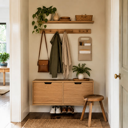Compact wall drop zone with peg rail, mail organizer, shelf and concealed shoe cabinet