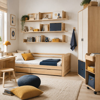 Adaptable kids bedroom with convertible wood bed desk and modular shelving