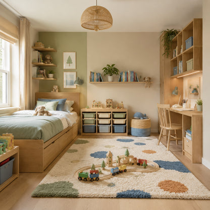Kids bedroom organized into sleeping play storage and study zones