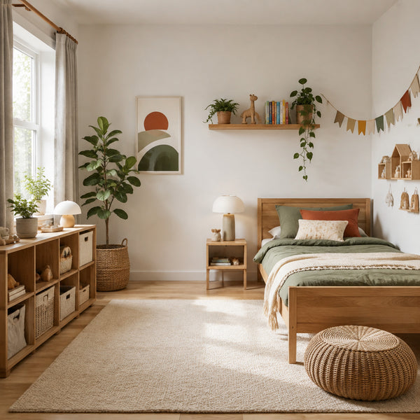 Playful kids room with natural wood bed neutral colors and modular storage