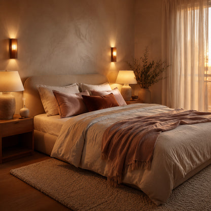Relaxing bedroom with warm layered lighting and tactile bedding