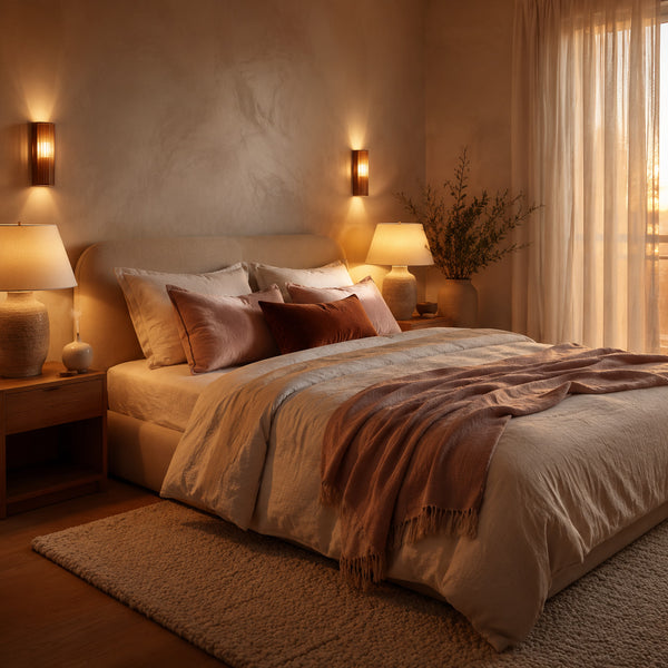 Relaxing bedroom with warm layered lighting and tactile bedding