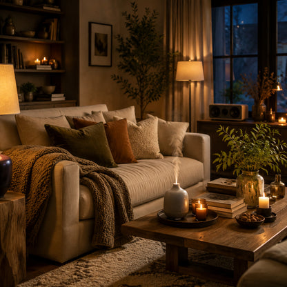 Sensory living room combining soft textiles, scent and ambient lighting