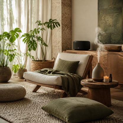 Peaceful home wellness corner with diffuser, speaker and indoor plants