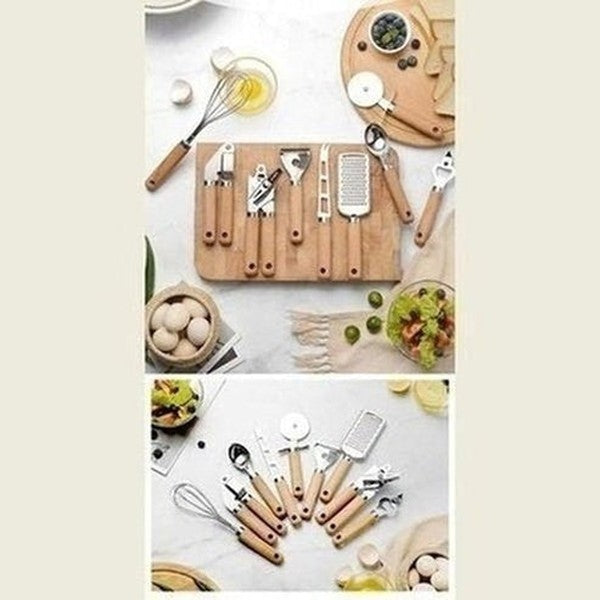 9-Piece Cooking Utensils Set With Wooden Handle Can Opener Baking Set Cooking Tool Kitchenware Pizza Peeler Cheese Knife. Product Type: Cookware Sets