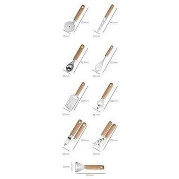 9-Piece Cooking Utensils Set With Wooden Handle Can Opener Baking Set Cooking Tool Kitchenware Pizza Peeler Cheese Knife. Product Type: Cookware Sets