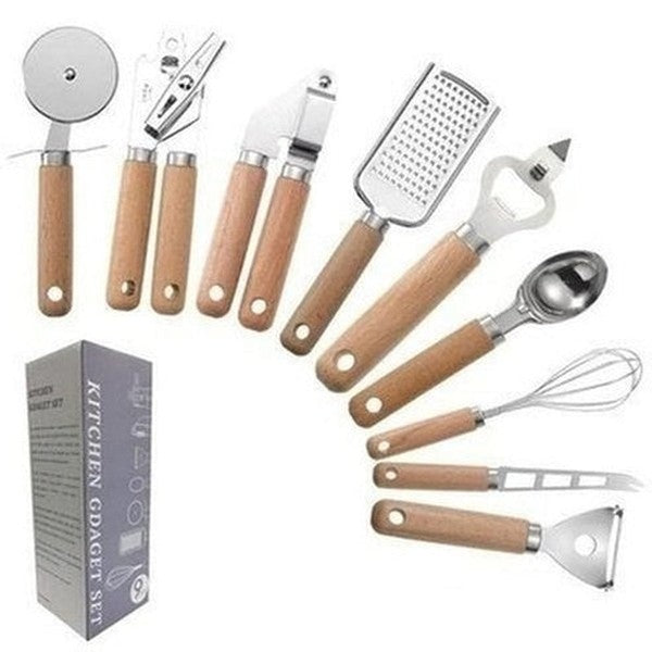 9-Piece Cooking Utensils Set With Wooden Handle Can Opener Baking Set Cooking Tool Kitchenware Pizza Peeler Cheese Knife. Product Type: Cookware Sets