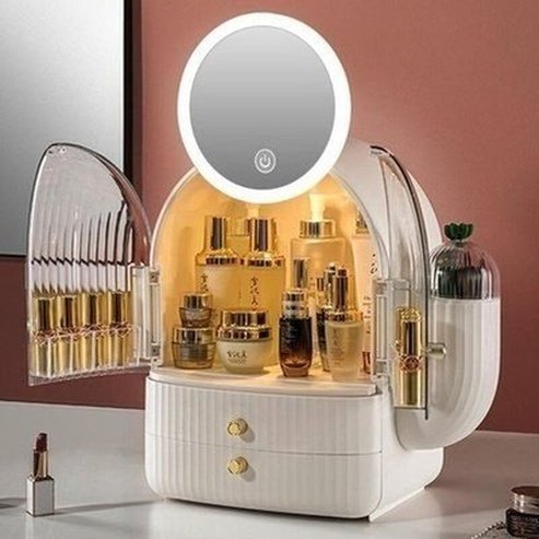 cactus cosmetic organizer box with mirror. makeup organizer cosmetic storage box with led light mirror. storage & organization: household storage containers