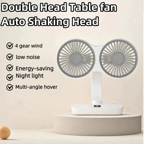 Double Head Desktop Fan - 4-Gear Adjustable with Digital Display