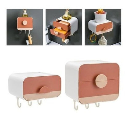 dustproof toilet paper holder soap dish sponge container adhesive no drilling with hooks and drain tray. bathroom accessories. type: toilet paper holders.