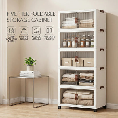 5-tier foldable storage cabinet with transparent doors