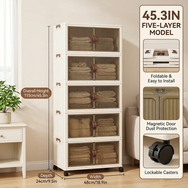 Stackable storage cabinet with side sealing buckles