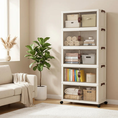Stackable home storage cabinet with magnetic door closures