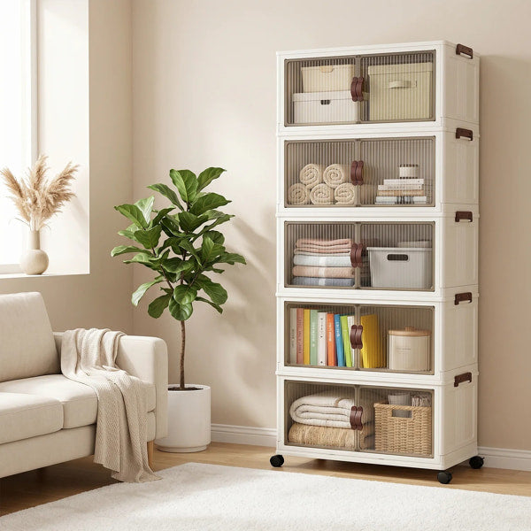 Stackable home storage cabinet with magnetic door closures
