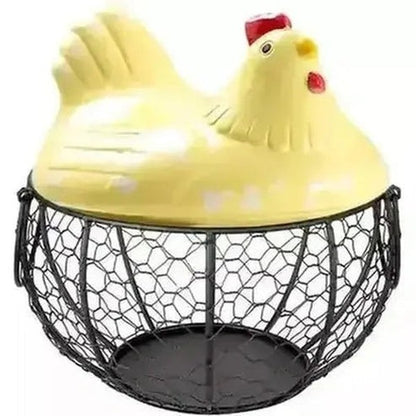 Yellow ceramic hen egg basket with black wire base for farmhouse kitchen storage