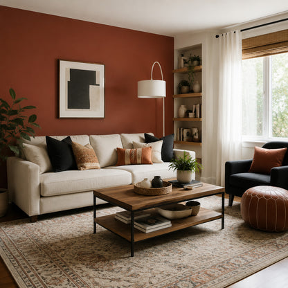 Living room transformed with a warm terracotta accent wall