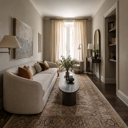 Narrow living room with slim oval coffee table and curved sofa