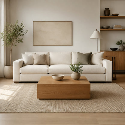 Warm neutral living room with rectangular oak coffee table and white sofa