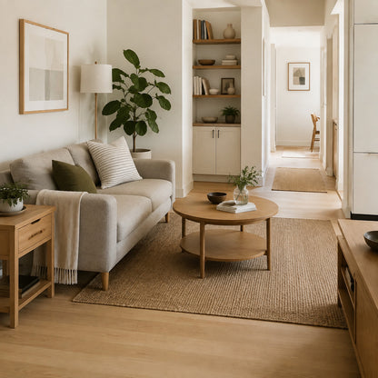 Round wooden coffee table correctly scaled to a small living room sofa
