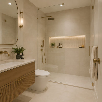 Compact bathroom with large ivory tiles and textured shower niche