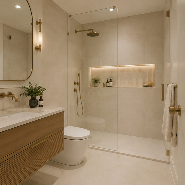 Compact bathroom with large ivory tiles and textured shower niche