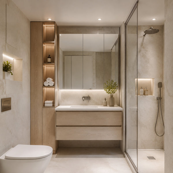 Small bathroom with floating vanity concealed storage and linen tower