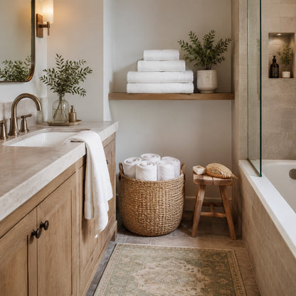 Spa-style white towels with woven basket and wooden bathroom stool