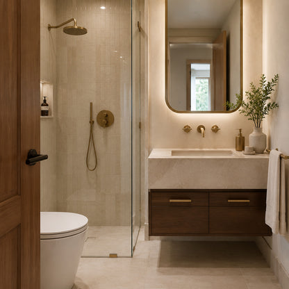 Compact bathroom with brushed brass faucet shower controls and hardware