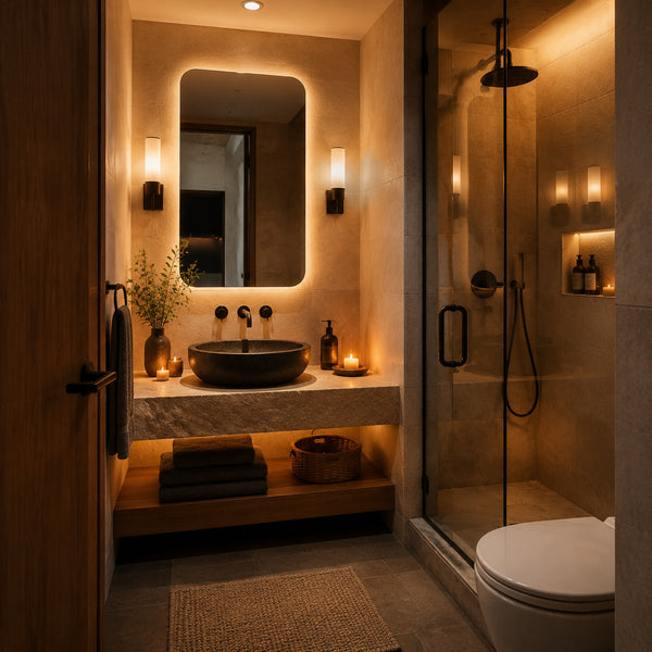 Small spa bathroom with illuminated mirror sconces and warm lighting