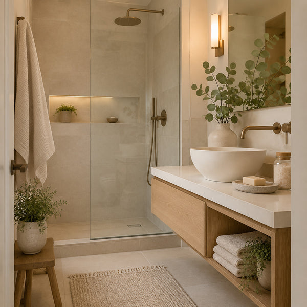 Small bathroom styled with eucalyptus stone tray towels and ceramic accessories