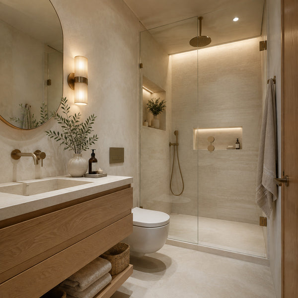 Small luxury spa bathroom with glass shower and floating oak vanity
