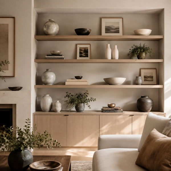 Warm neutral living room with professionally styled open shelves
