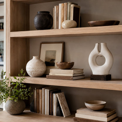 Layered books ceramics and framed artwork on wooden shelves