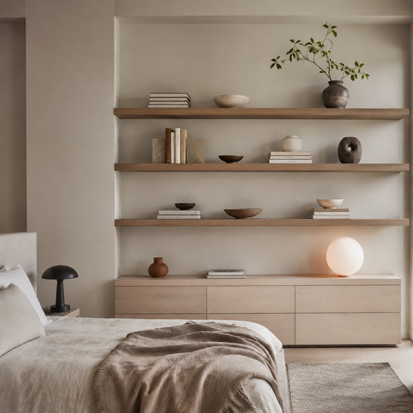 Minimalist bedroom with balanced floating shelf decor