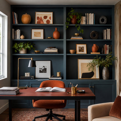 Colorful home office with teal built-in shelves and artwork