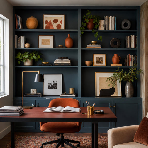 Colorful home office with teal built-in shelves and artwork