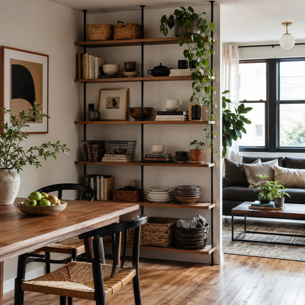 Small apartment open shelving combining storage and decorative objects
