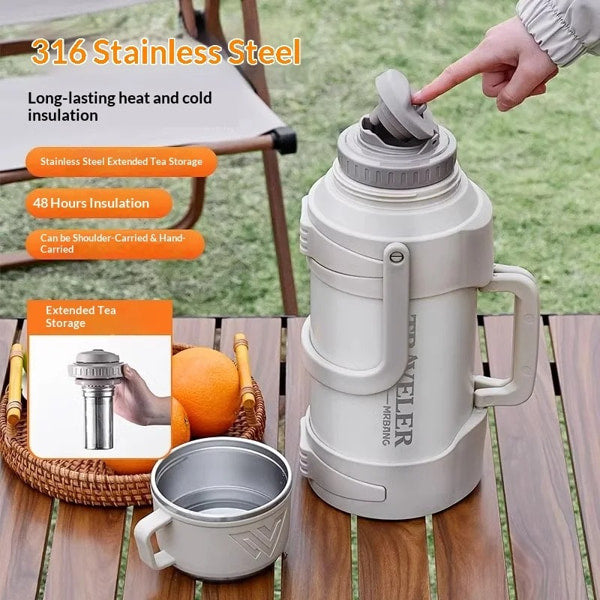 Double wall insulated thermos bottle for outdoor travel and office use