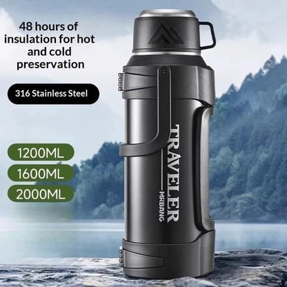 Travel thermos flask with foldable handle and long lasting insulation