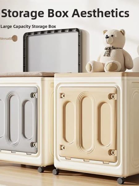 plastic storage box for clothes with flip lid and mobility wheels