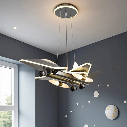 Gray fighter jet chandelier with acrylic LED light wings