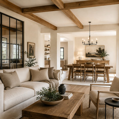 Modern farmhouse living room with exposed natural wood ceiling beams